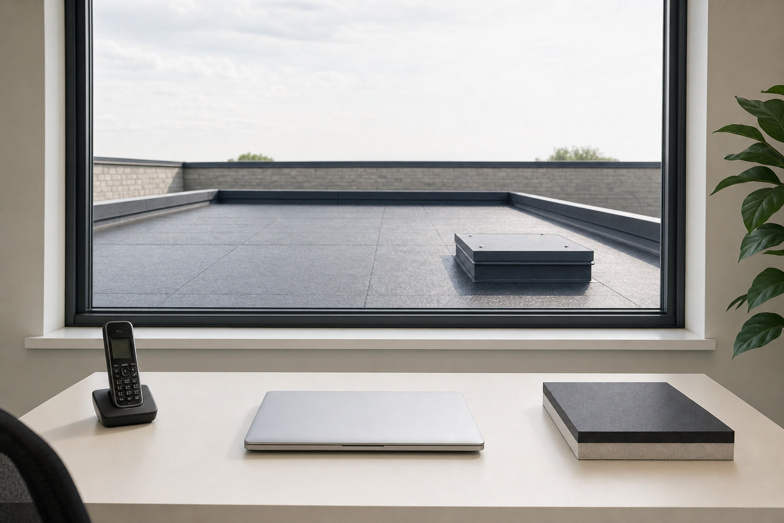 Modern office desk setup with a closed laptop, cordless phone, and a book, overlooking a flat rooftop through a large window.