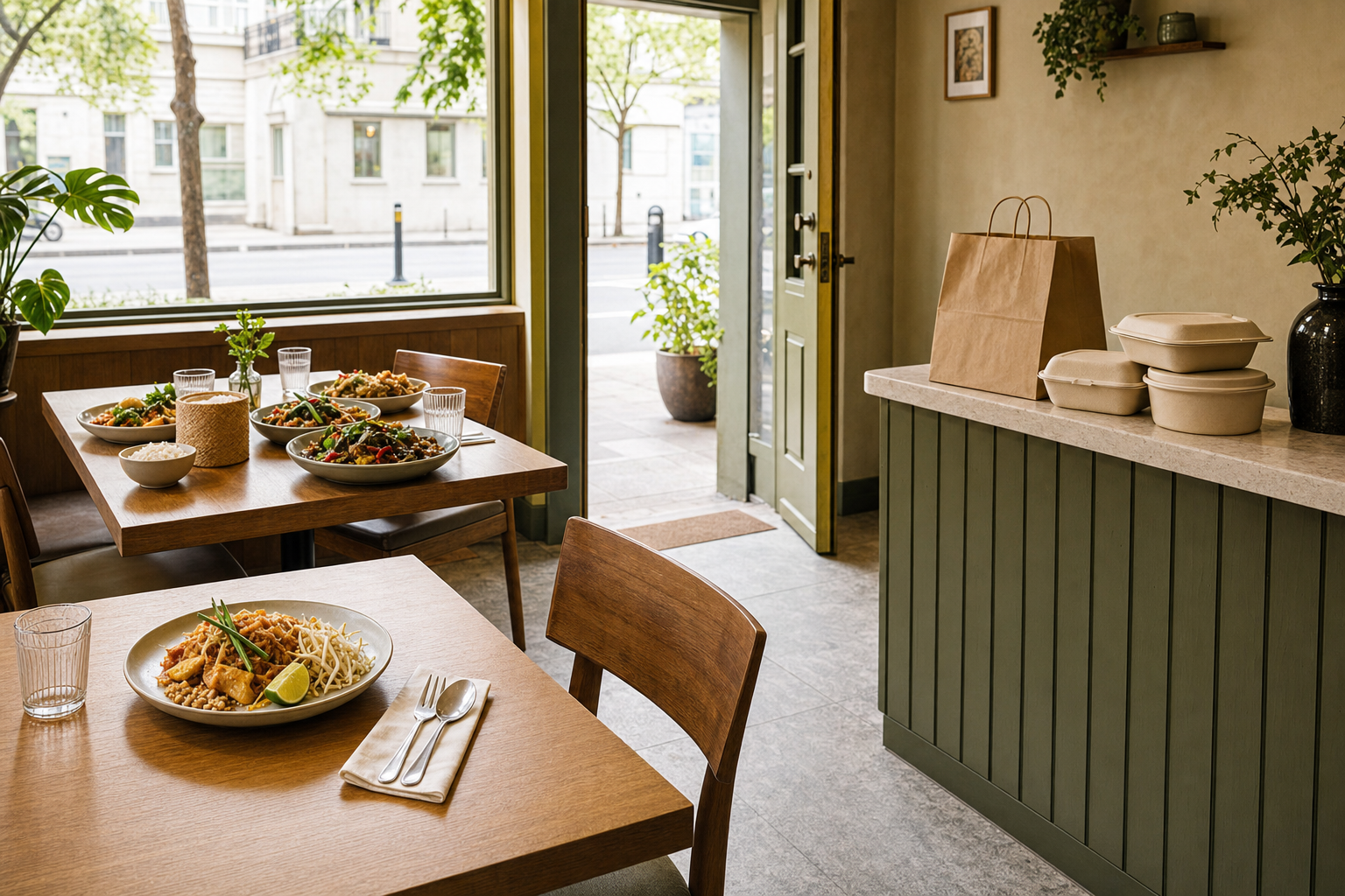 Cosy restaurant interior with tables set for dining and takeaway boxes on the counter near an open door.