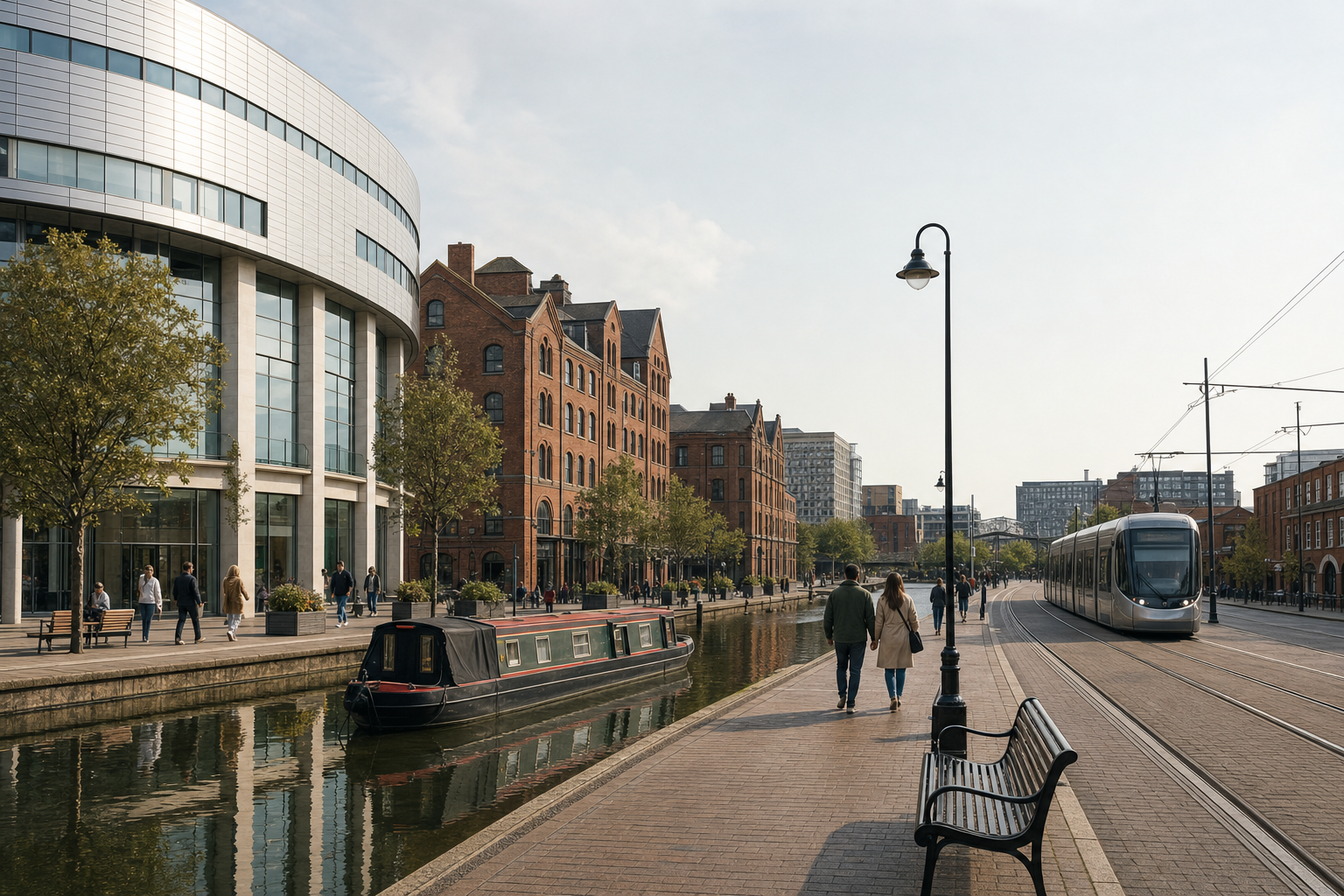 People walking along a canal with modern and historic buildings, a moored narrowboat, and a tram on a nearby street.