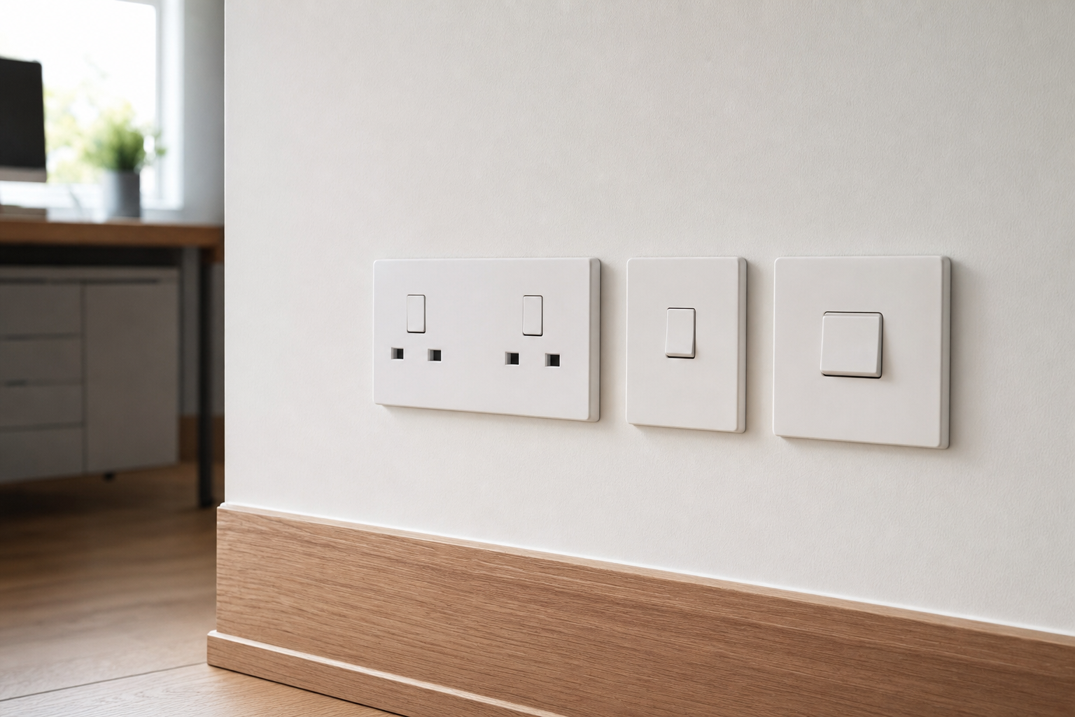 Three white electrical switches and a double socket on a wall in a modern office interior.