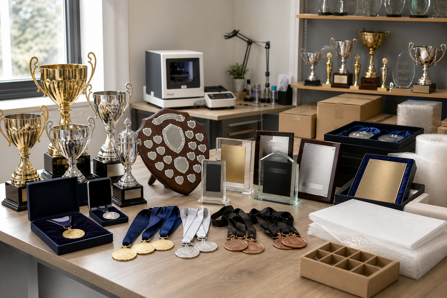 A table filled with various trophies, medals, plaques, and shields in a display room.