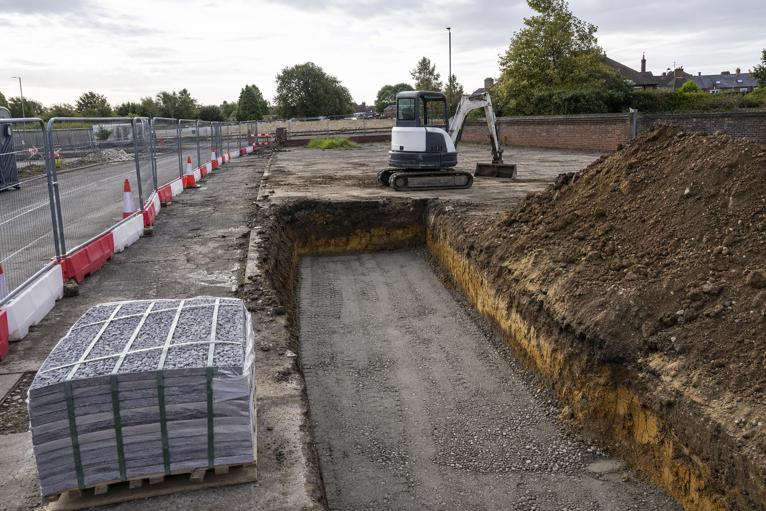 A construction site with an excavated trench, mini digger, and a pallet of paving stones surrounded by safety barriers.