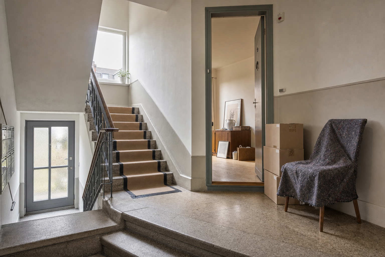 A carpeted stairwell leads to a room with moving boxes, a covered chair, and framed artworks against the wall.