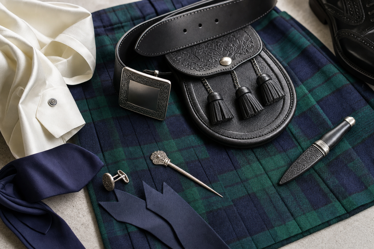 Scottish kilt outfit with a sporran, belt, sgian dubh, shirt, tie, and cufflinks on green and blue tartan fabric.