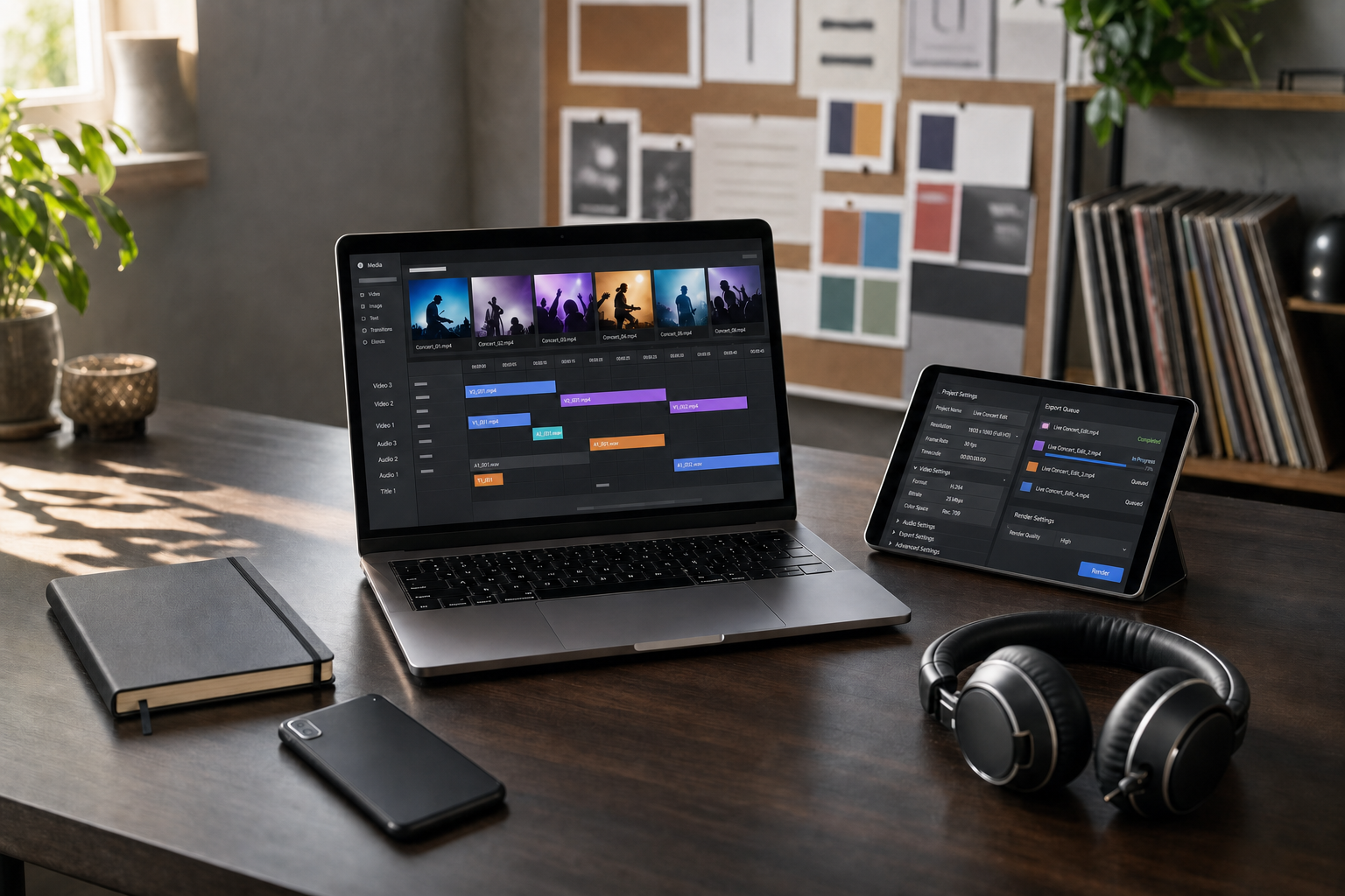 Laptop and tablet with video editing software on a wooden desk, alongside a notebook, smartphone, and headphones.