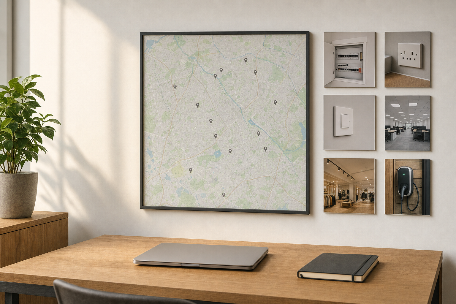 A modern office desk features a wall map and a series of electrical and interior design photos.