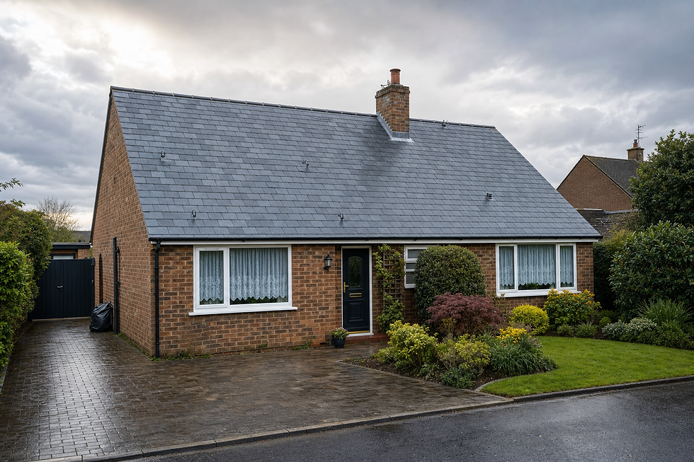 A tidy brick bungalow with a grey tiled roof and well-maintained front garden on a cloudy day.