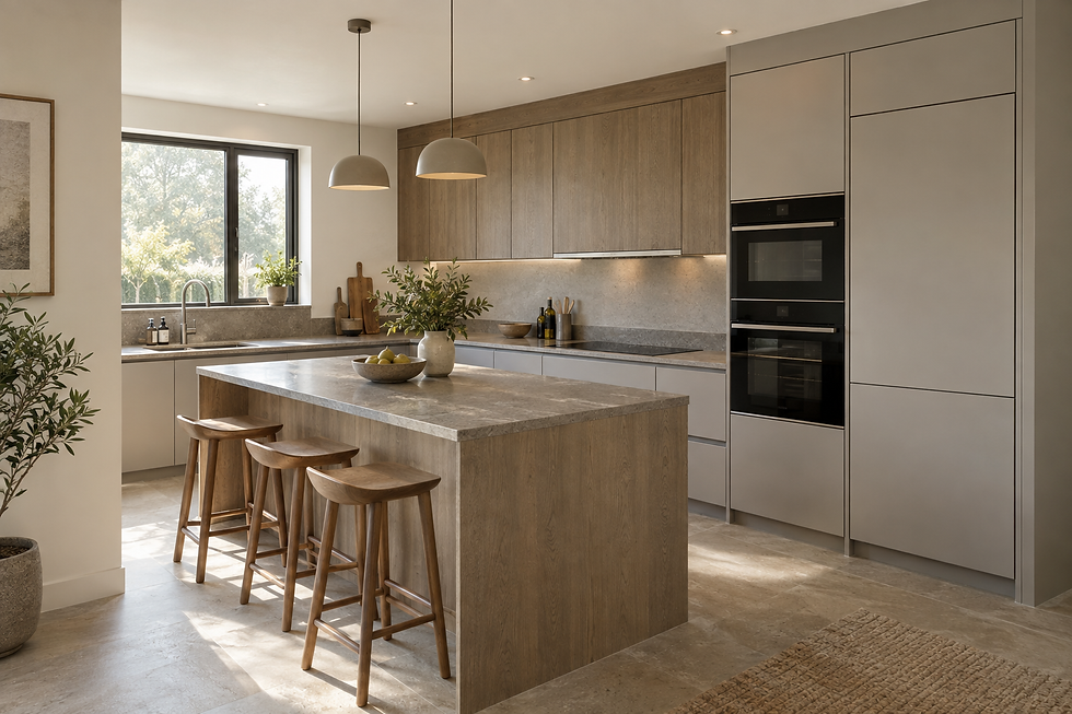 Modern kitchen with wooden cabinets, island with stools, and large window providing natural light.