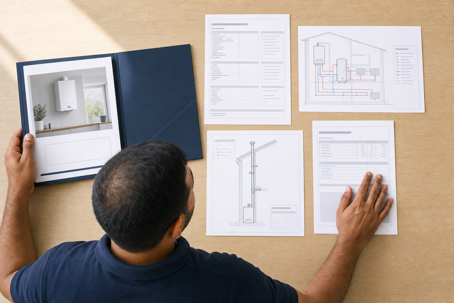 Man examining home heating system plans and brochures on a wooden table.