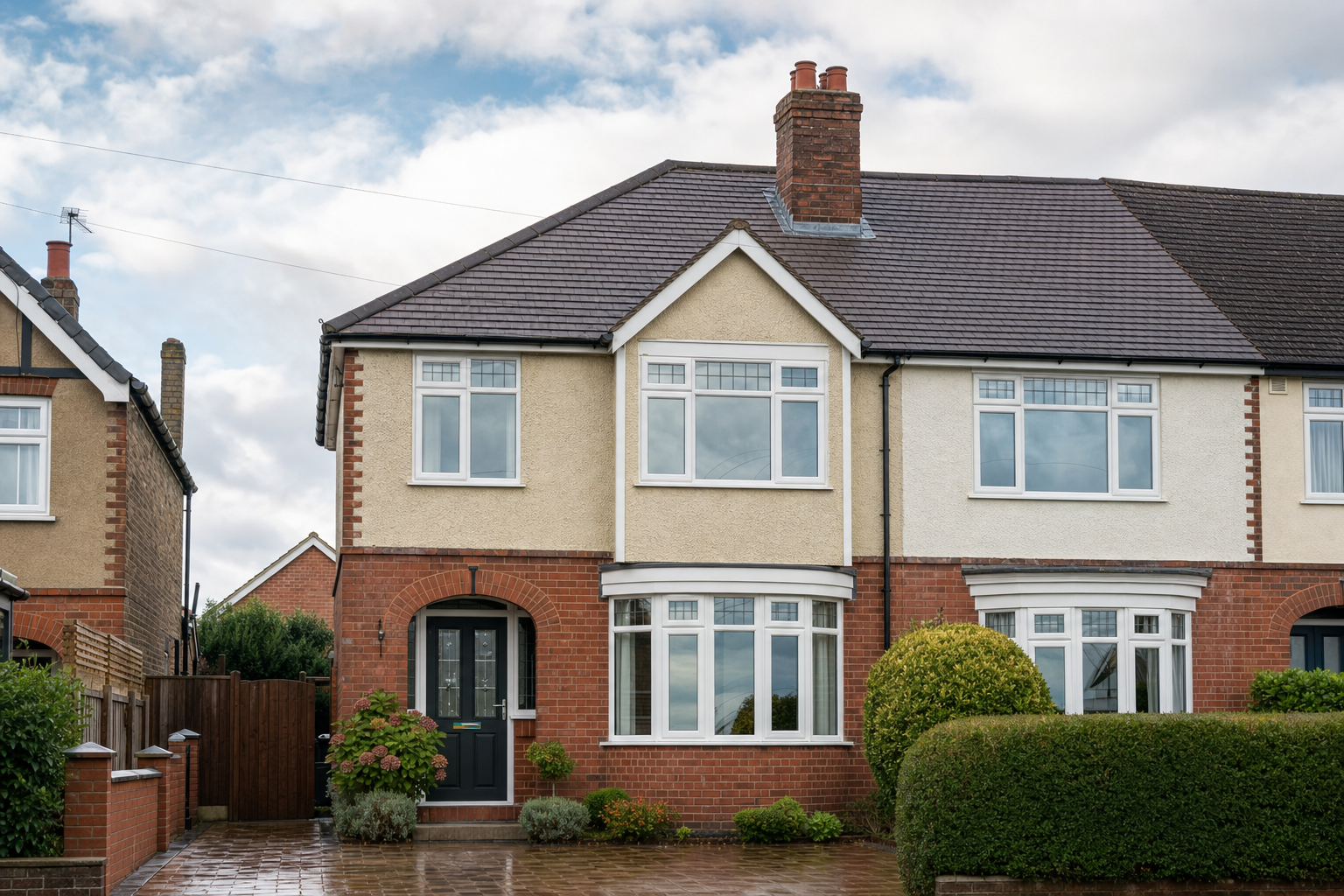 Semi-detached house with a brick and cream facade, surrounded by a tidy garden under a partly cloudy sky.