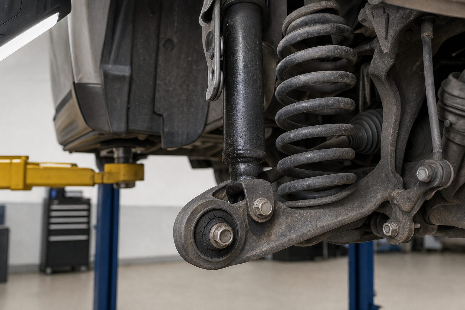 Close-up of a car's suspension system on a hydraulic lift in a garage setting.