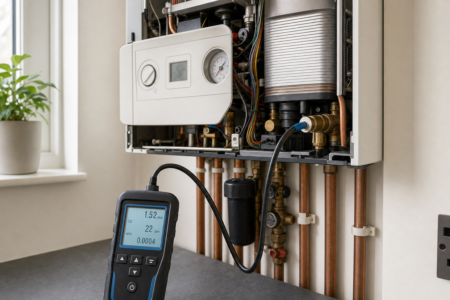 A gas analyser checks emissions from an open boiler panel, with a houseplant on the windowsill nearby.