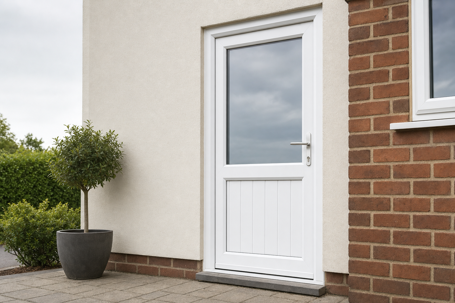 A white door with a glass panel stands next to a potted plant against a brick and cream wall.