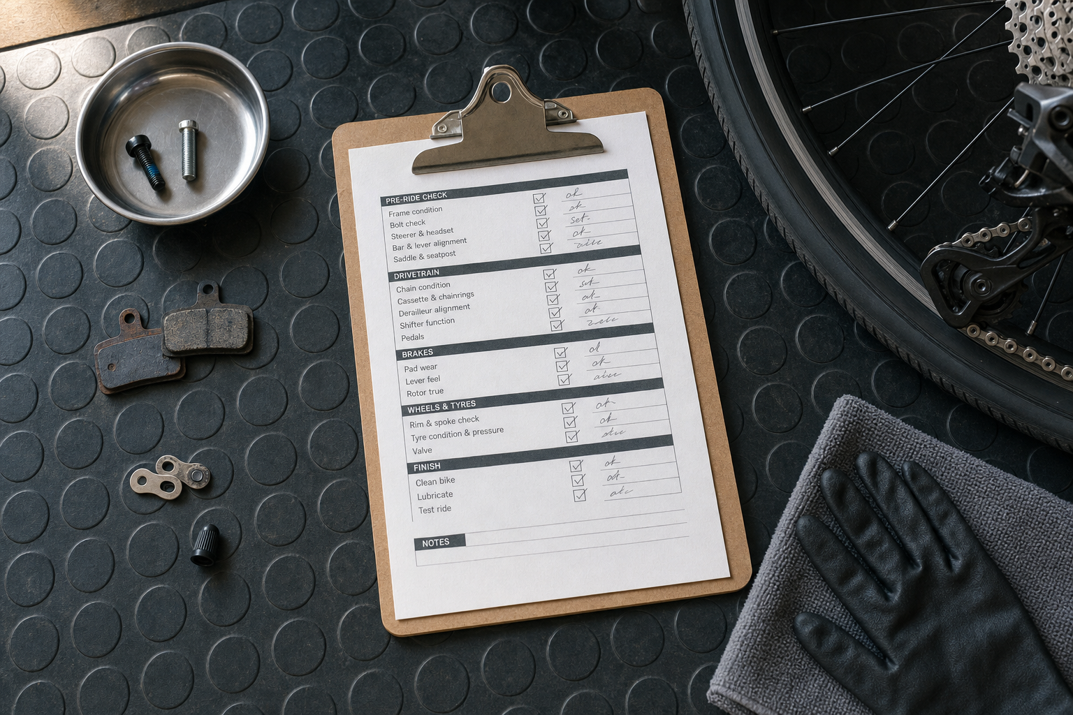 Bicycle maintenance checklist on clipboard beside bike parts and a tyre on a textured black mat.