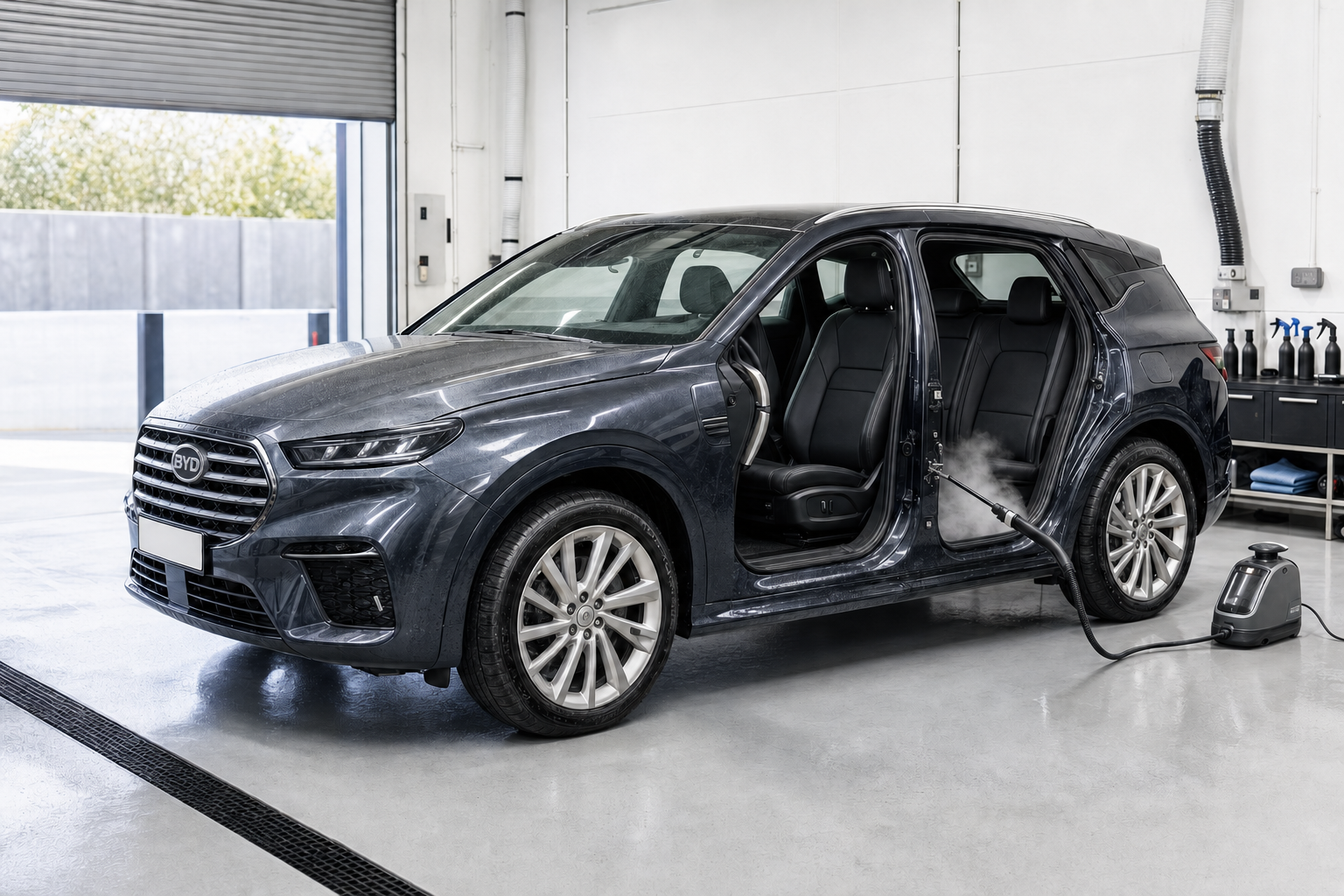 A dark-coloured SUV undergoing interior steam cleaning in a garage with open front and back doors.