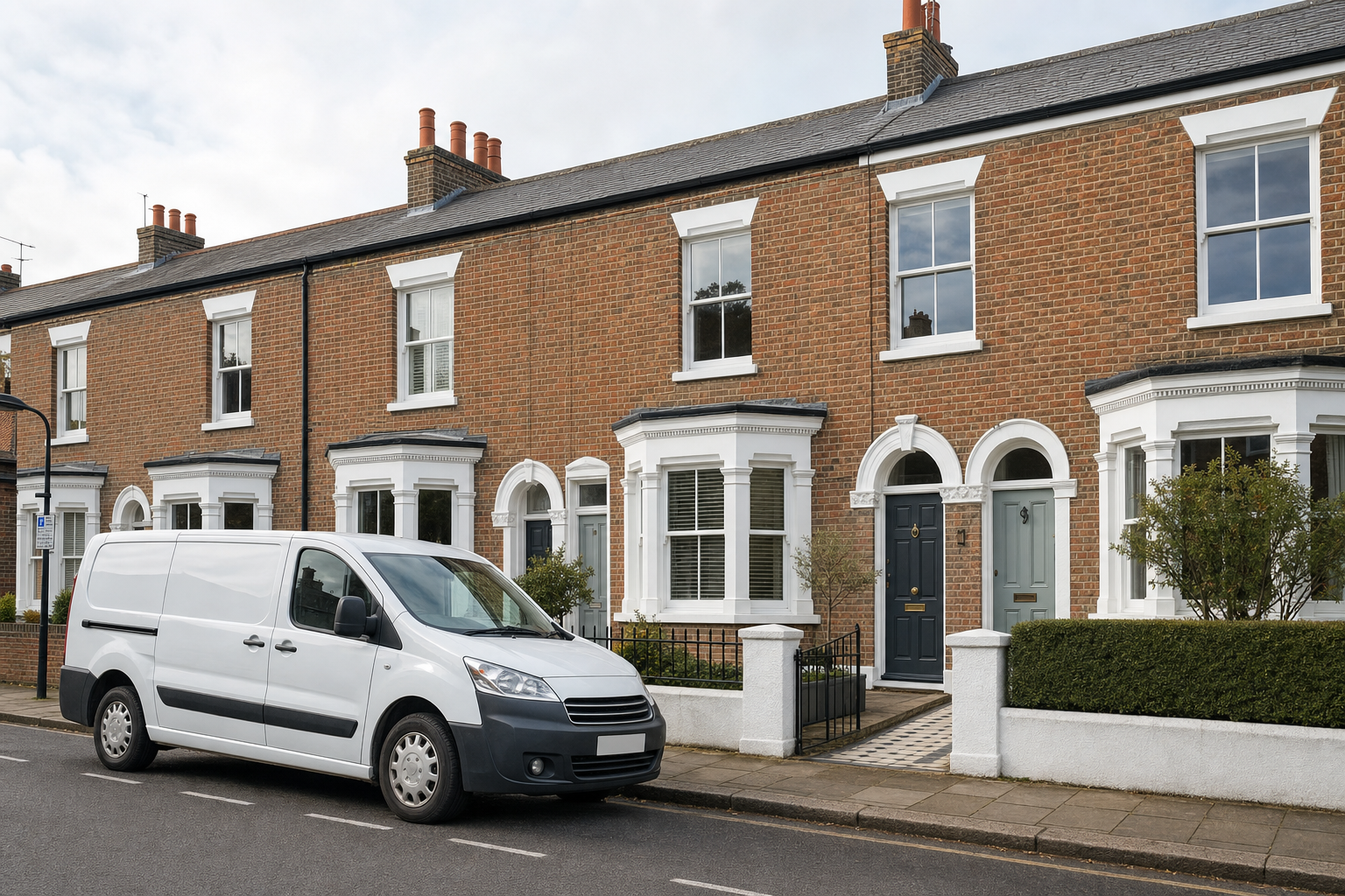 A white van parked in front of a row of traditional British terraced houses with red-brick facades.