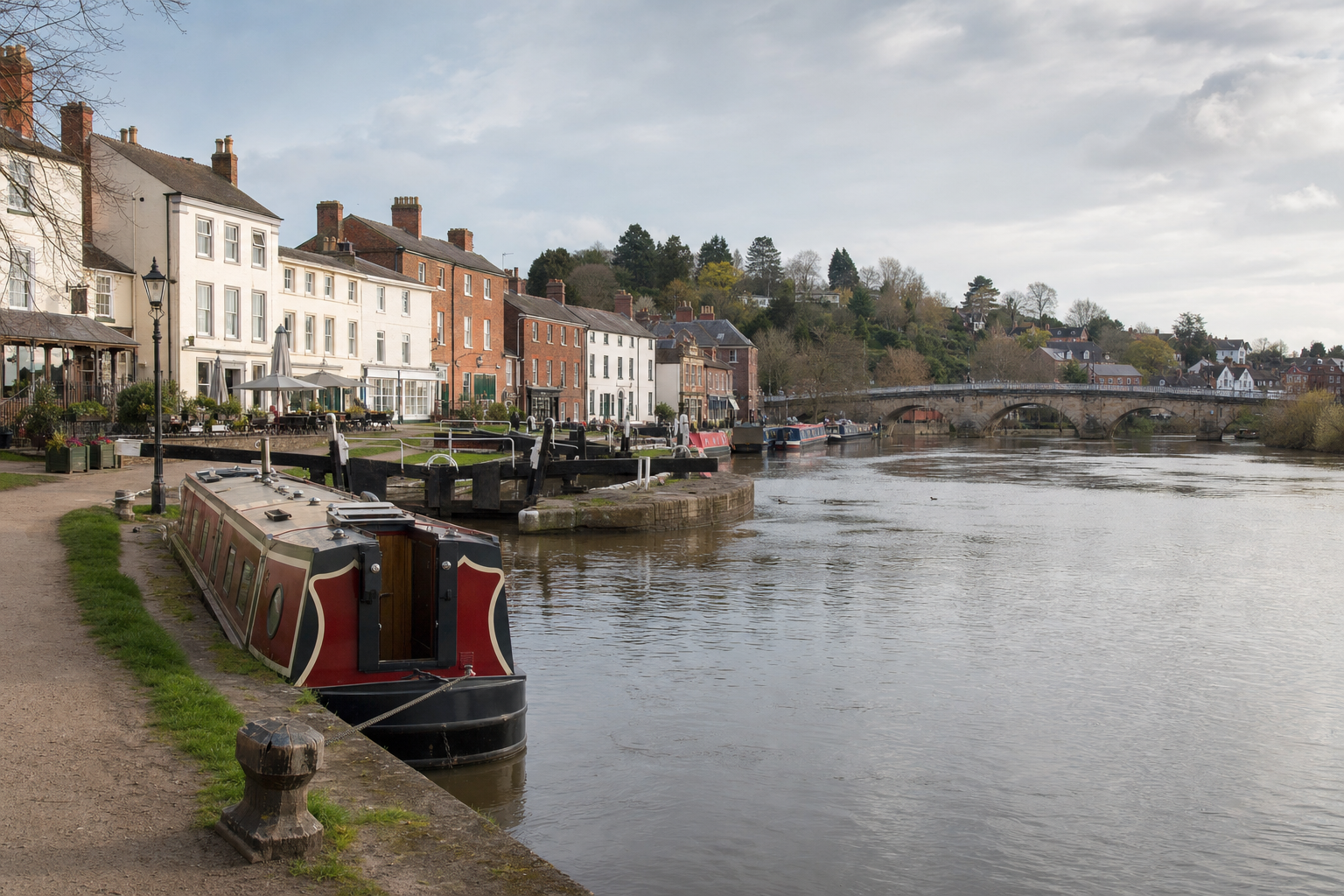 Canal boats moored along a riverside path with terraced houses and a stone bridge in the background.