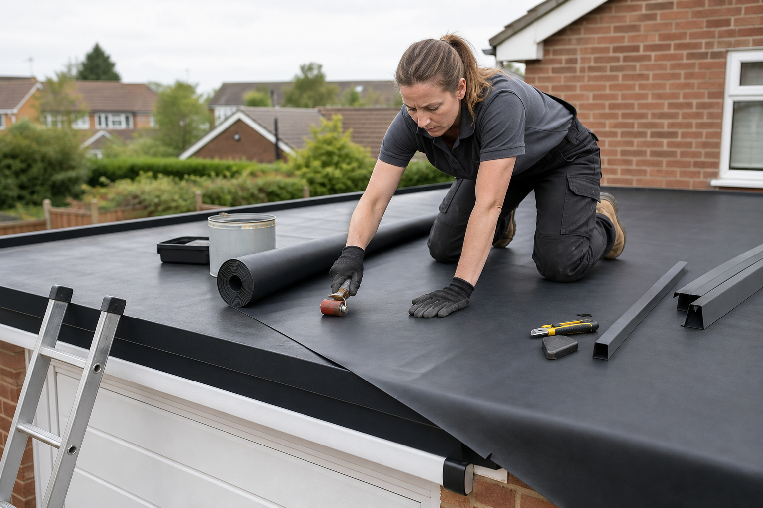 Person installing a rubber membrane on a flat roof with tools nearby.