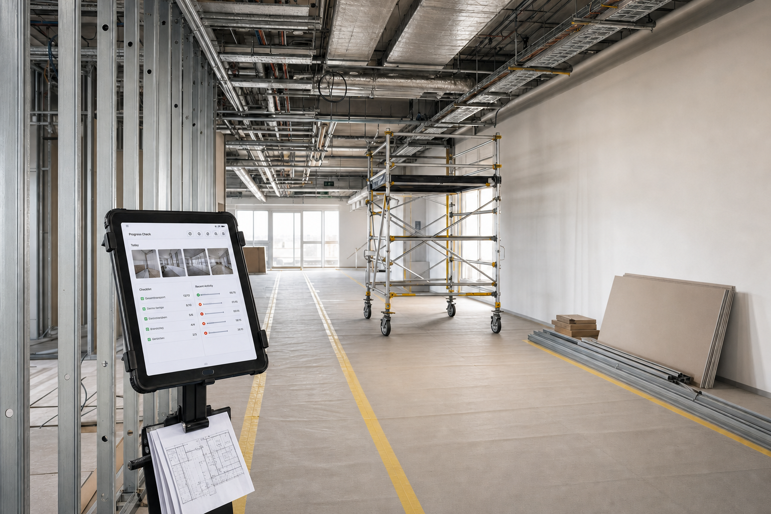Construction site with tablet displaying progress check, scaffolding, and building materials in a spacious unfinished room.
