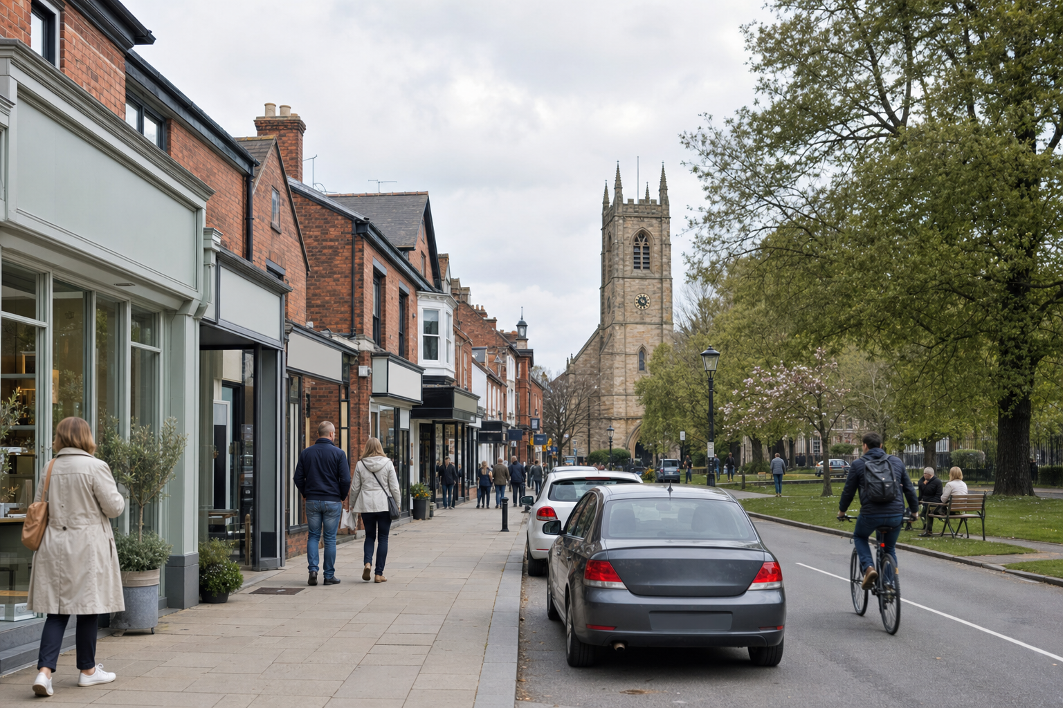 A street view with people walking, a cyclist, shops, cars, and a church in the background.