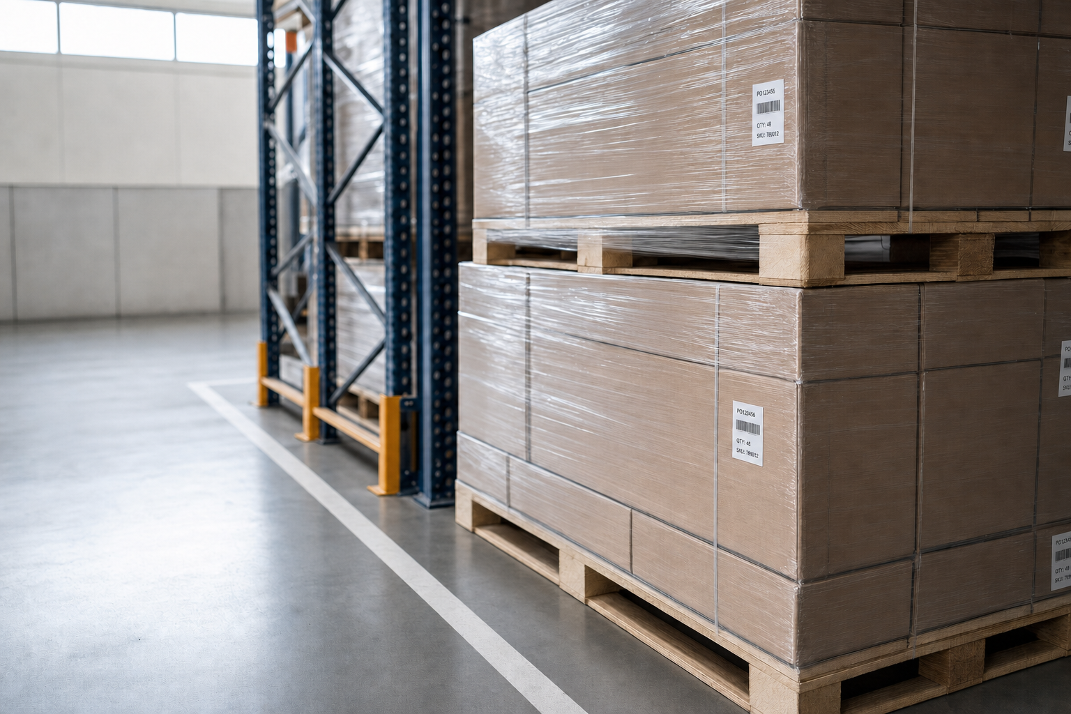 Wooden pallets stacked with wrapped boxes in a warehouse aisle.