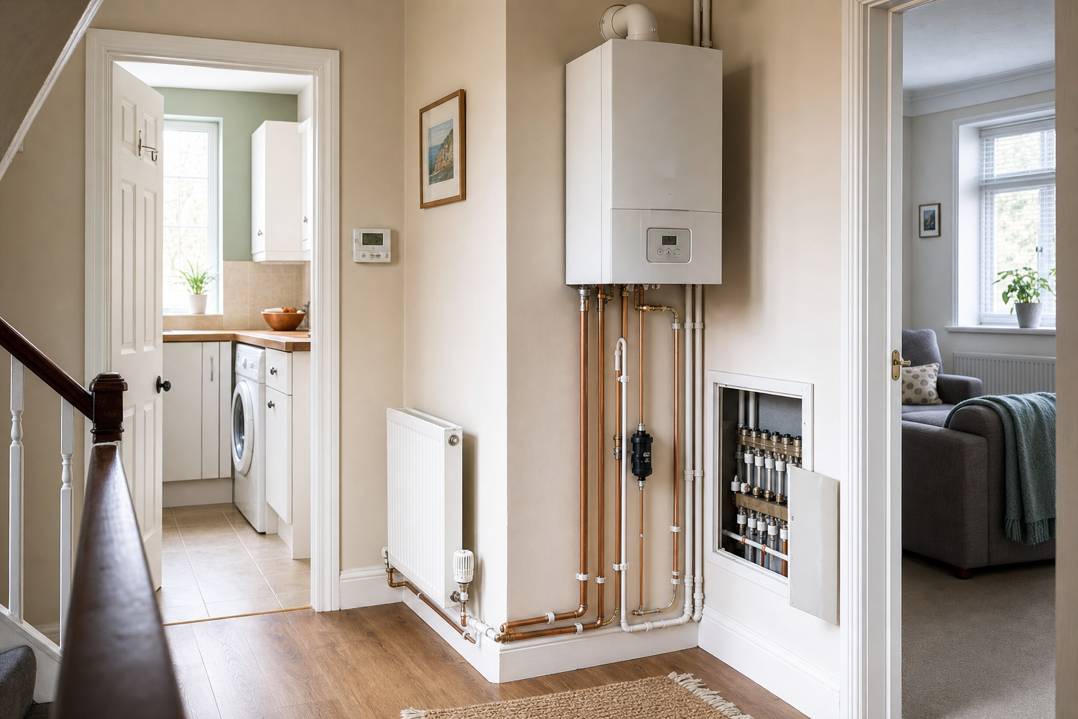 Modern hallway with a wall-mounted boiler, visible piping, and doors leading to a kitchen and living room.