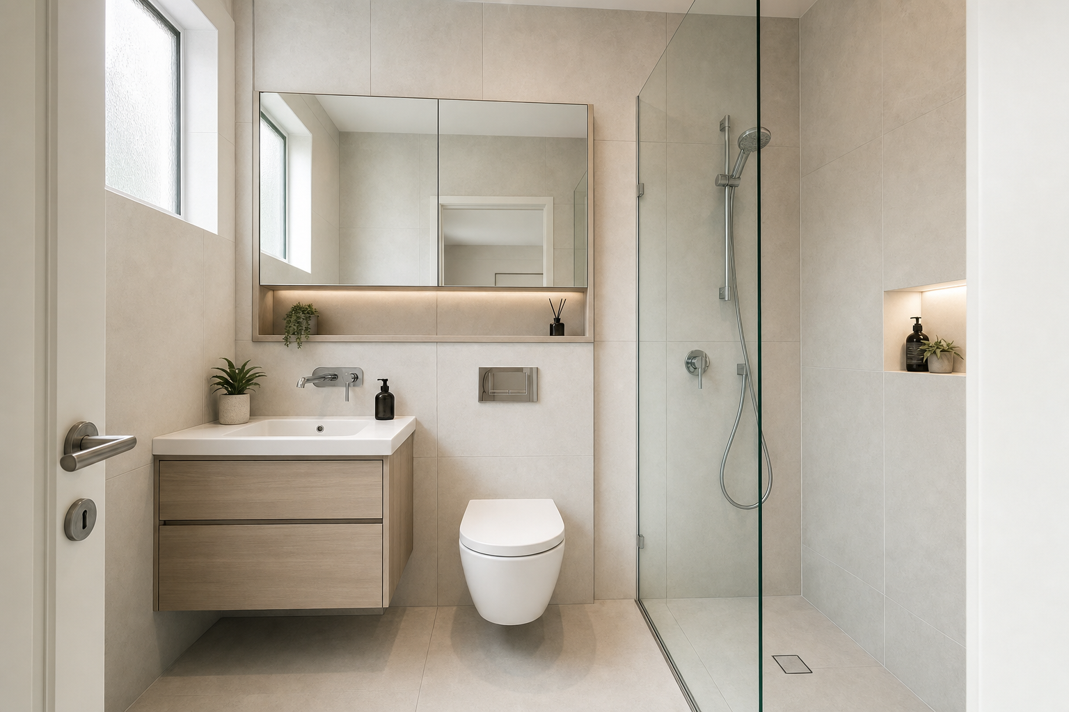 Modern bathroom with a glass shower, wall-mounted toilet, and wooden vanity under a large mirror.