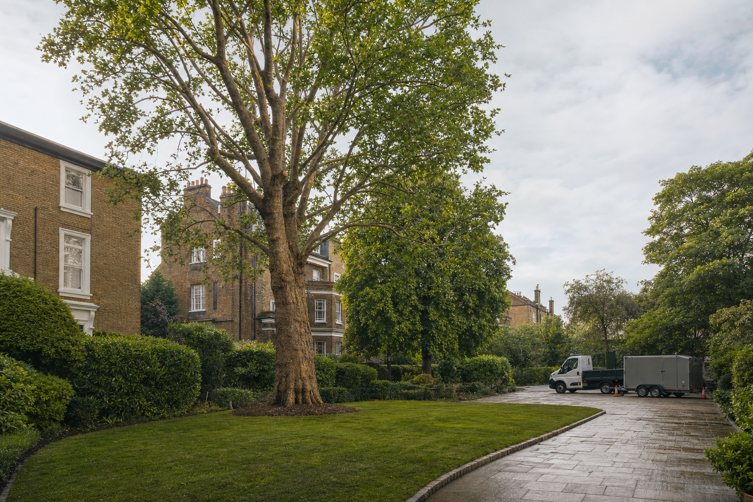 A large tree in a landscaped garden beside a pathway with a white van parked nearby in a residential area.