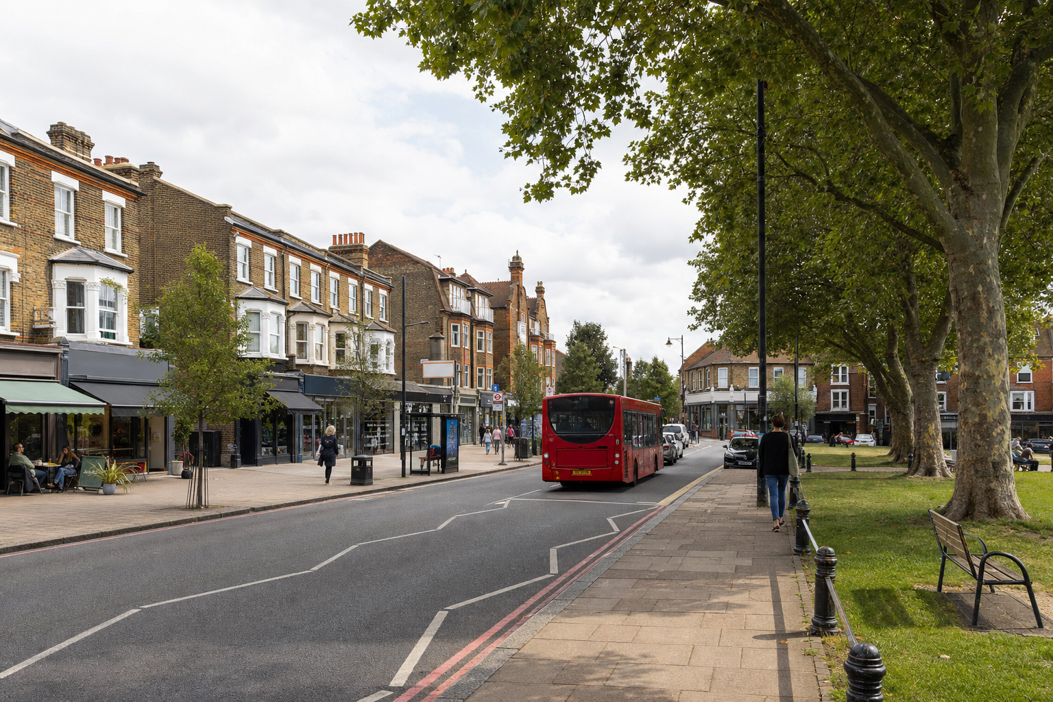 A red bus travels along a tree-lined street with shops and people on the pavement in an urban setting.