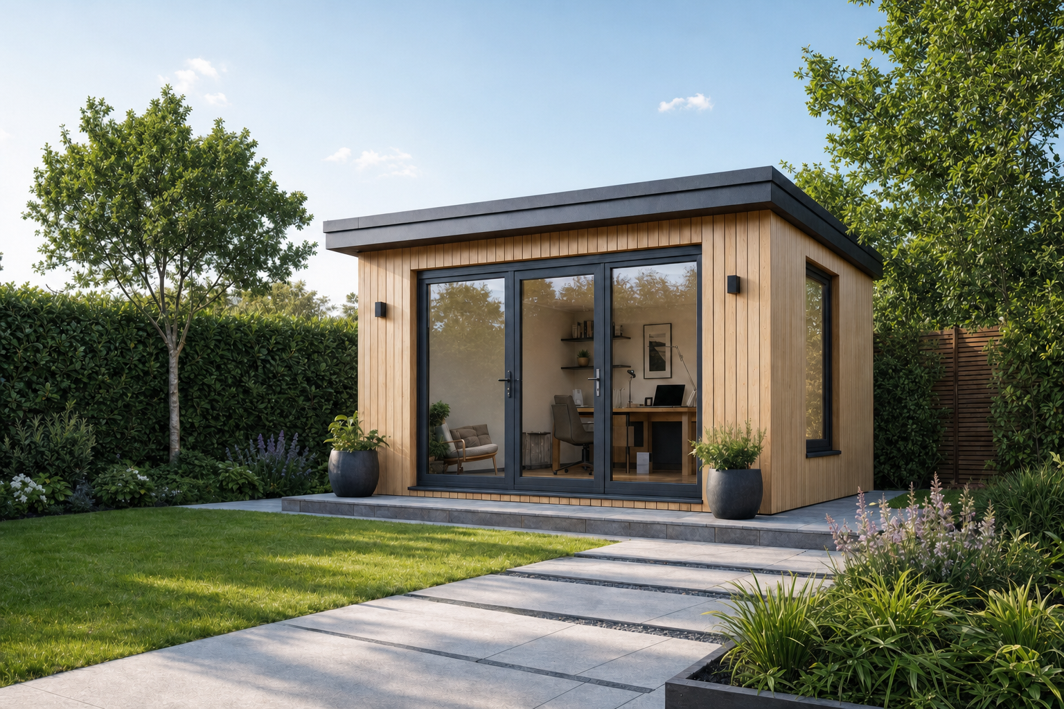 A modern garden office with wooden cladding, large glass doors, and surrounding greenery.