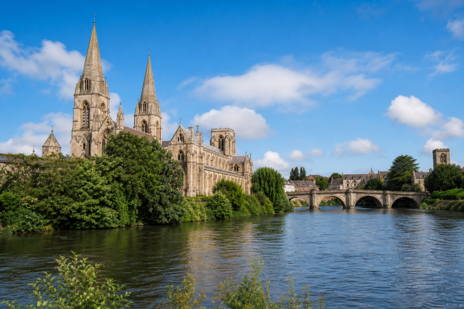 A historic cathedral and stone bridge reflect in a tranquil river under a blue sky.