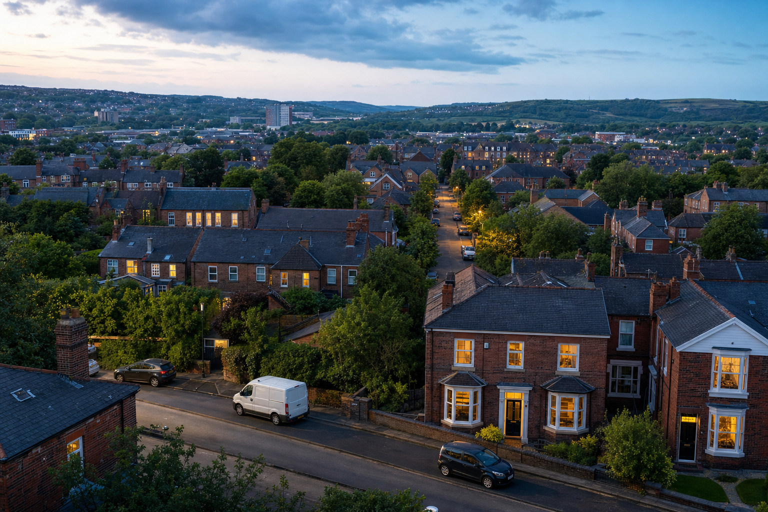 Aerial view of a quaint residential neighbourhood at dusk, with warm lights glowing from house windows and streetlamps.