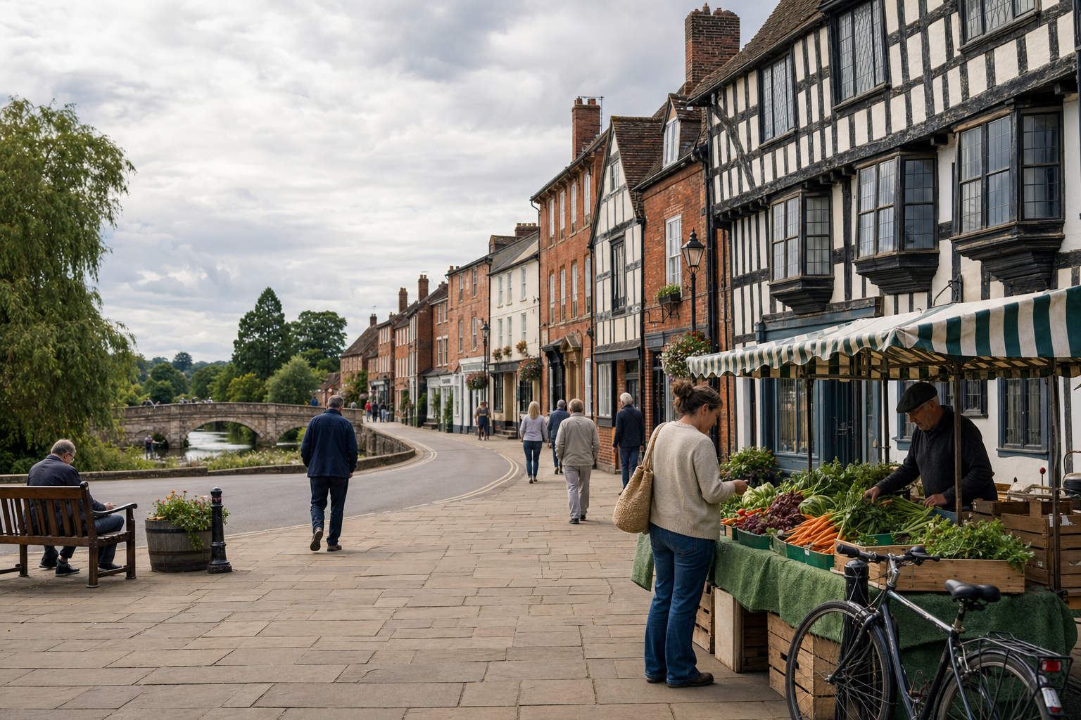 A woman browses a market stall with fresh produce on a historic English street by a river.