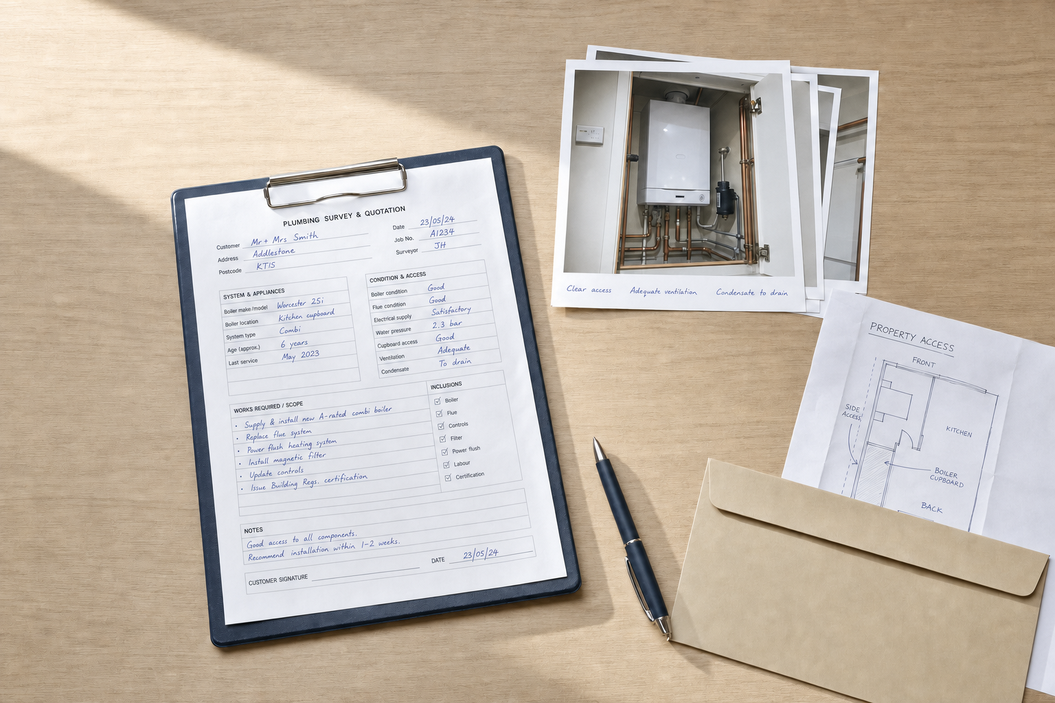 Plumbing survey form, boiler photos, and property access plan on a table with a pen and envelope.