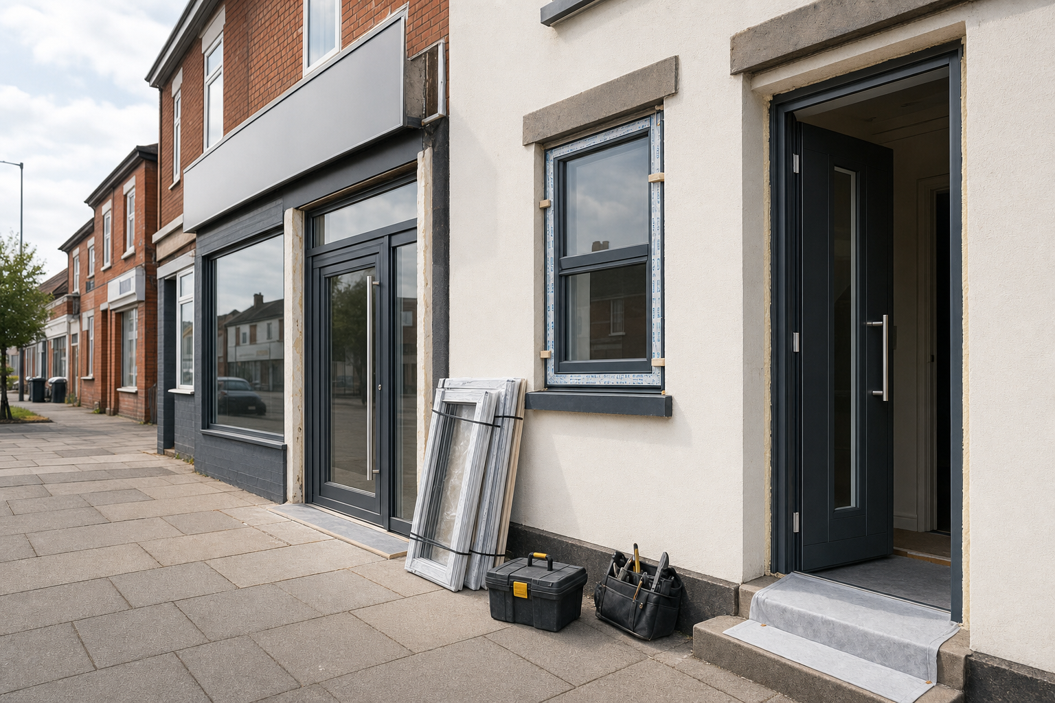 Shopfront under renovation with a modern door and window frames, tools, and materials placed outside on the pavement.