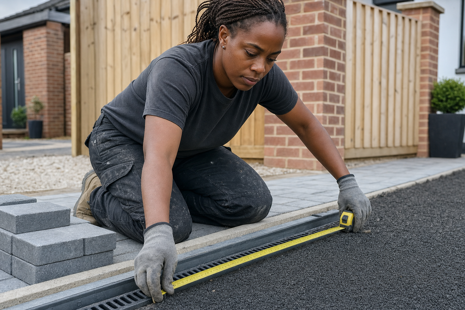 A worker measures a newly laid tarmac surface next to a drainage channel with a tape measure.