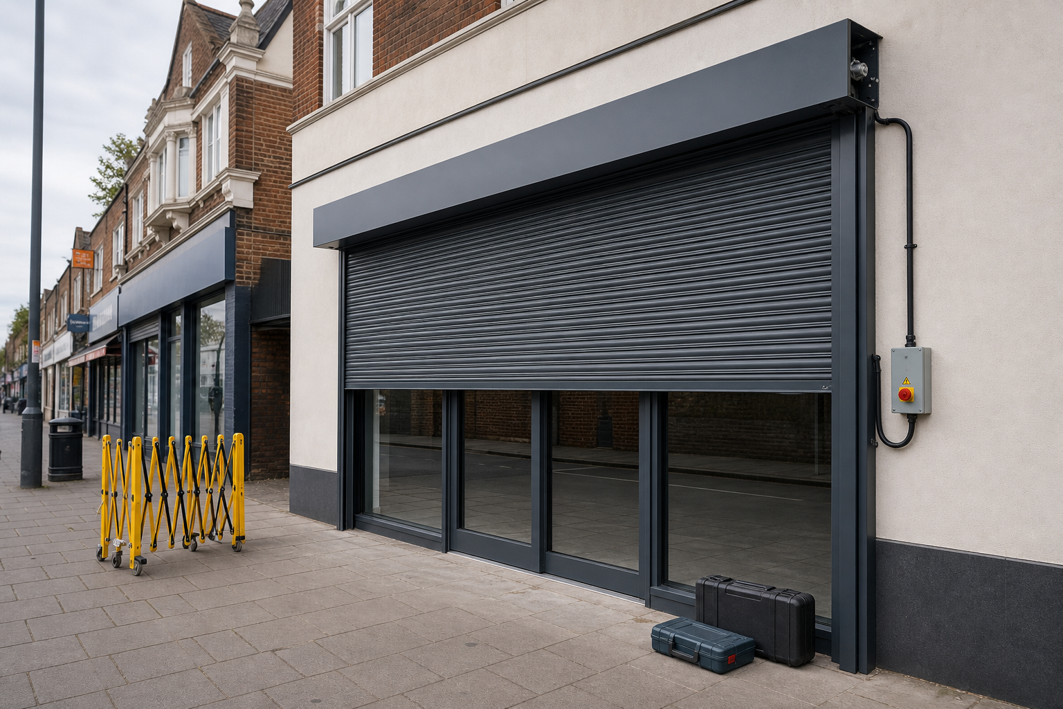 Closed shop with a gray security shutter, yellow barrier, and toolboxes on the sidewalk.