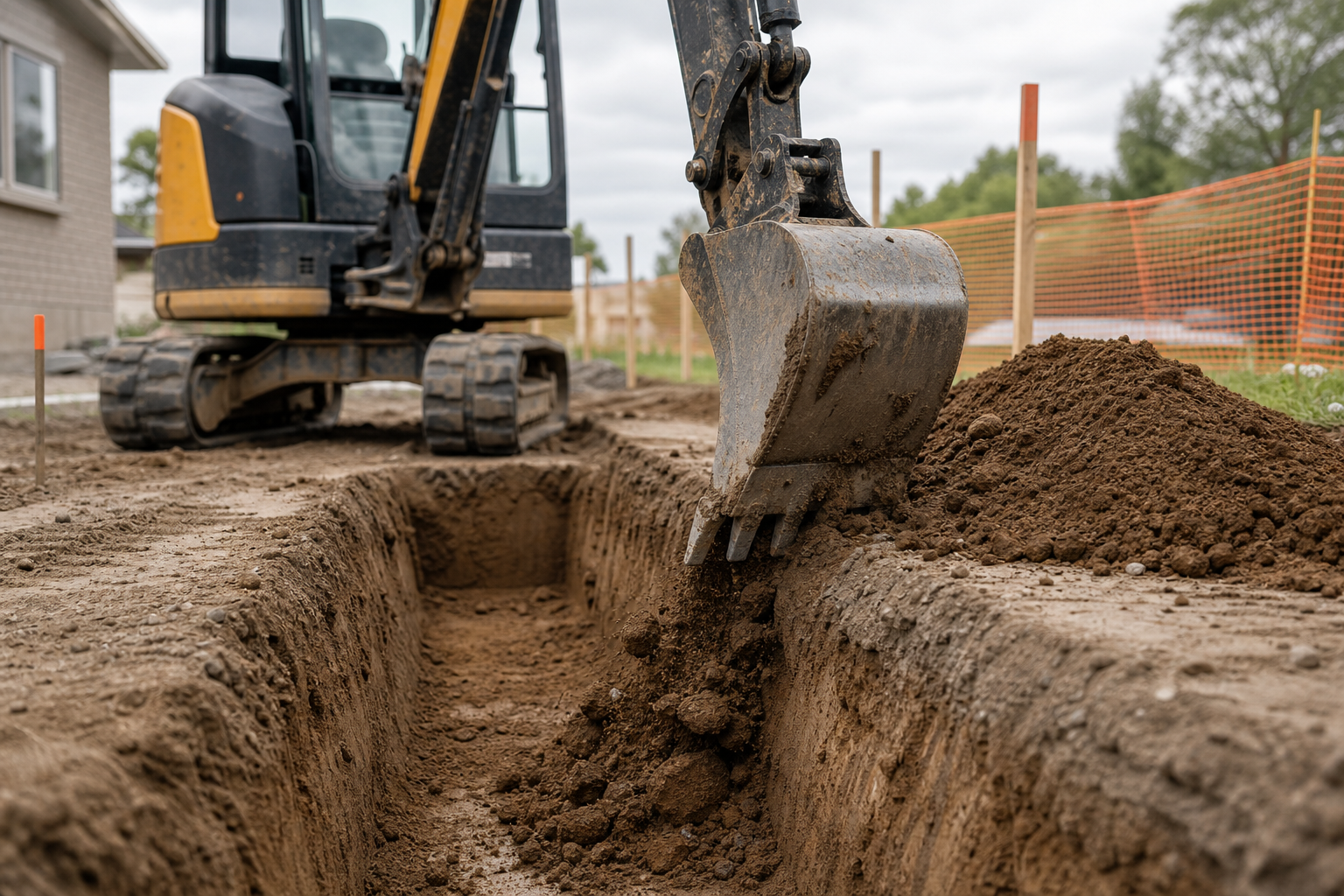 Excavator digging a trench in the ground beside a house on a construction site.