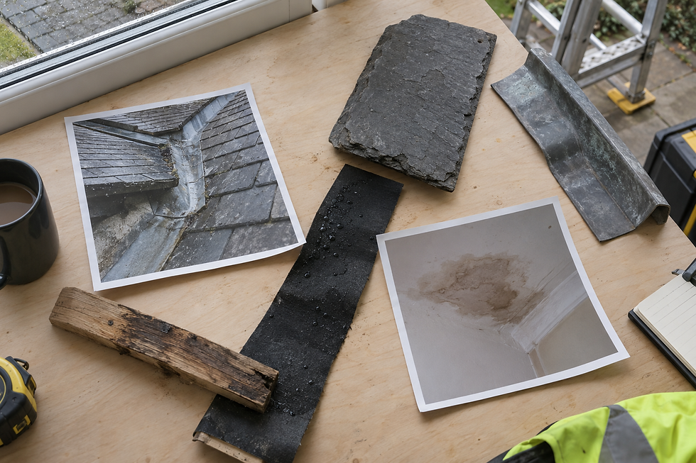 Roofing materials and damage photos spread on a wooden table beside a cup of tea and a notebook.