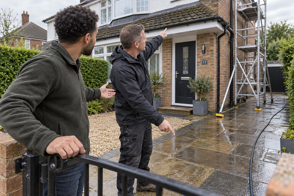 Two men discussing roof repairs outside a brick house with scaffolding and a wet driveway.