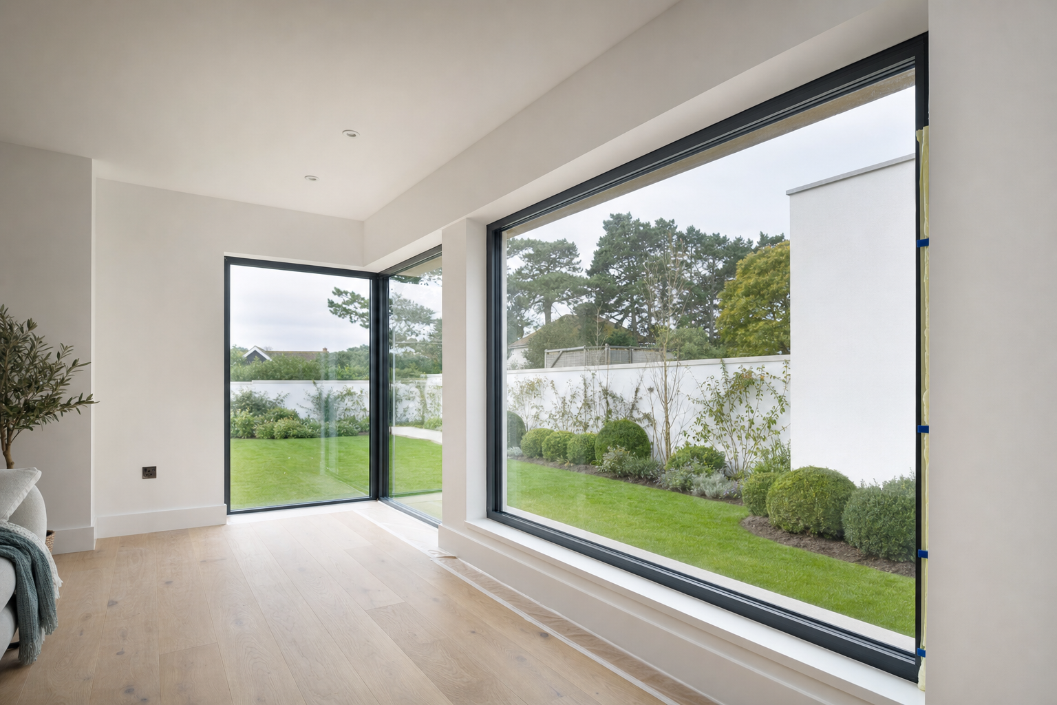 Modern interior with large corner windows overlooking a landscaped garden and green lawn.