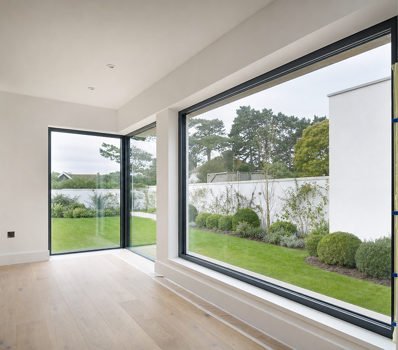 Modern interior with large corner windows overlooking a landscaped garden and green lawn.