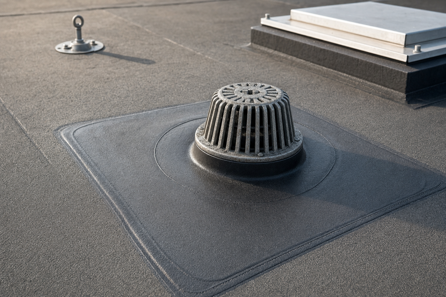 A rooftop drain grate surrounded by flat roofing material under clear daylight.