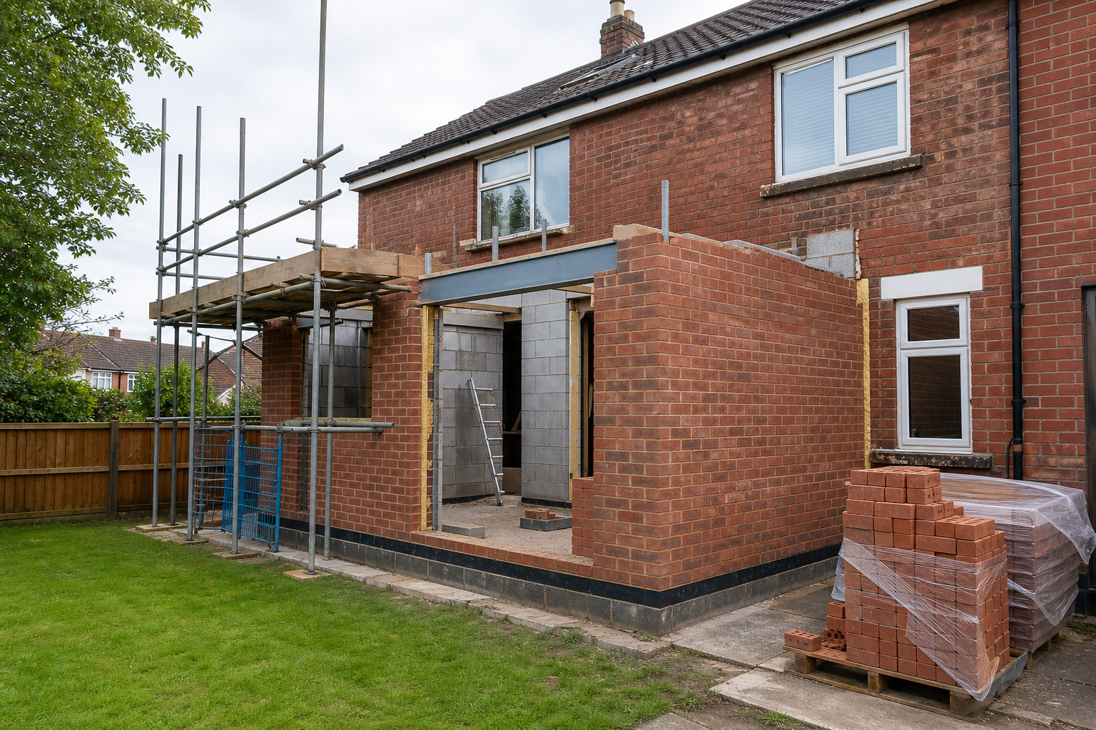 House extension under construction, with scaffolding and a stack of bricks beside a partially built brick structure.