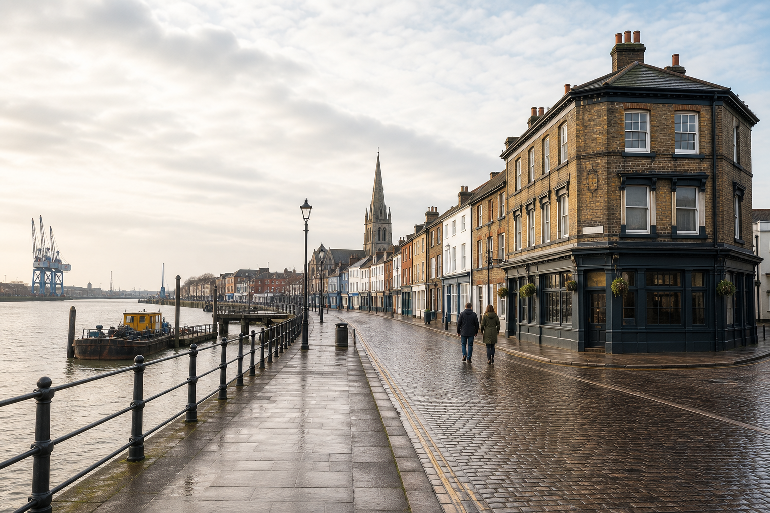 Riverside street with cobblestones, historic buildings, walking couple, a yellow boat, and distant cranes under a cloudy sky.