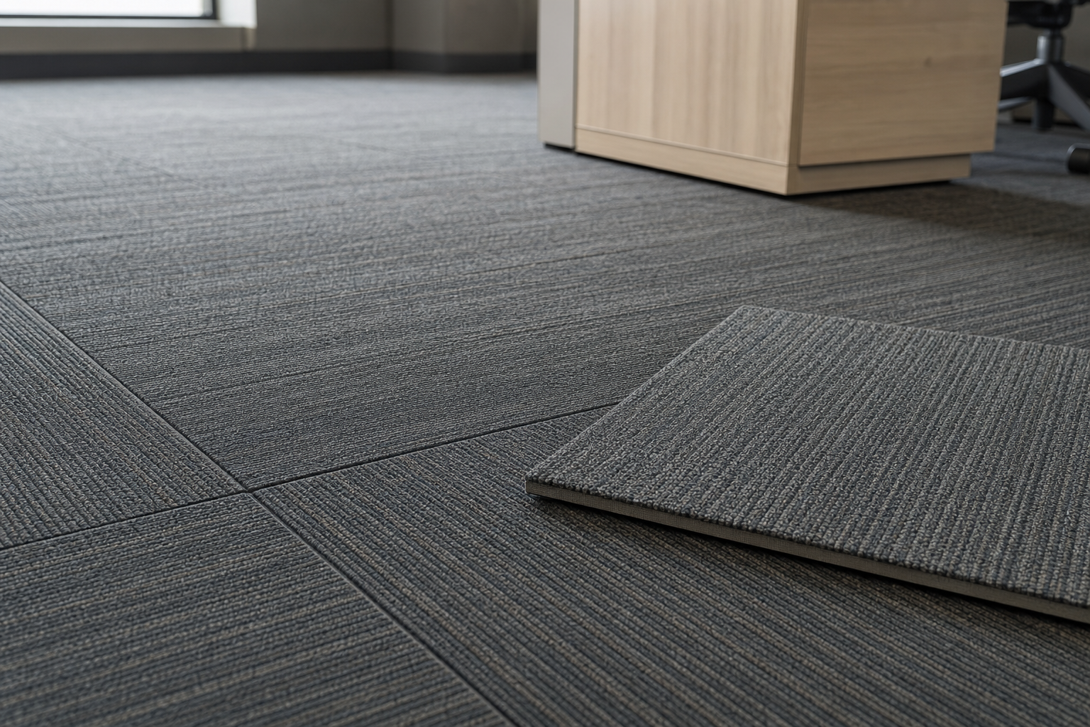 Close-up of grey carpet tiles in an office setting, with one tile partially lifted.