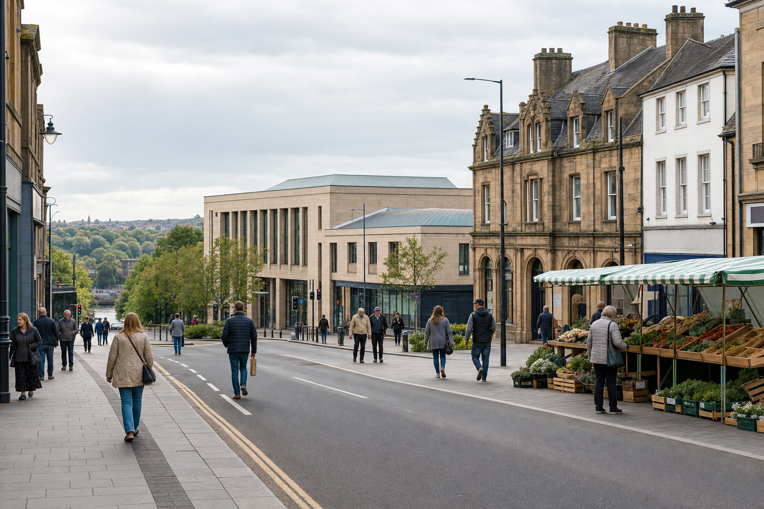 A bustling street with people walking and shopping at a market stall, framed by historic and modern buildings.