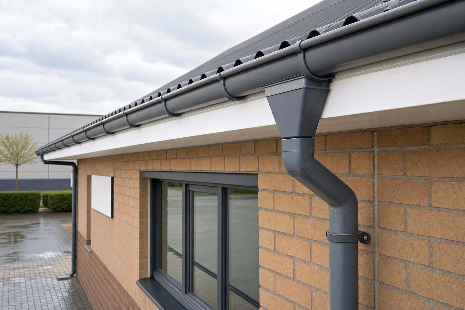 A modern residential building exterior with light brown brickwork, grey guttering, and a large window.