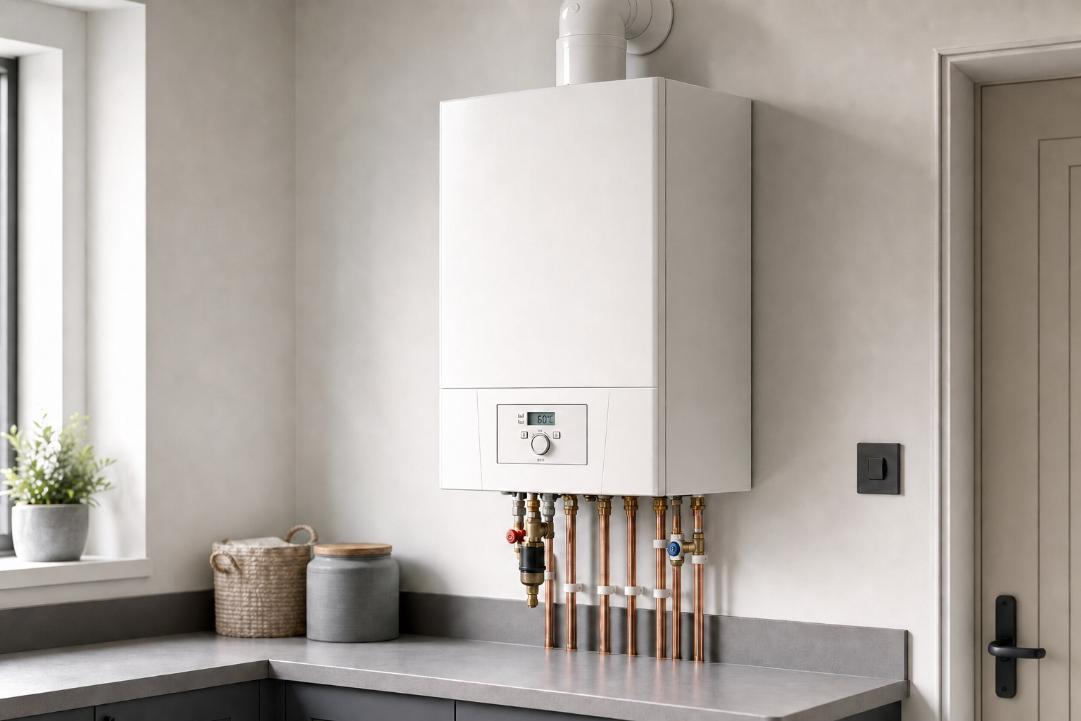 A modern white boiler with copper pipes is mounted on a kitchen wall above a grey countertop.