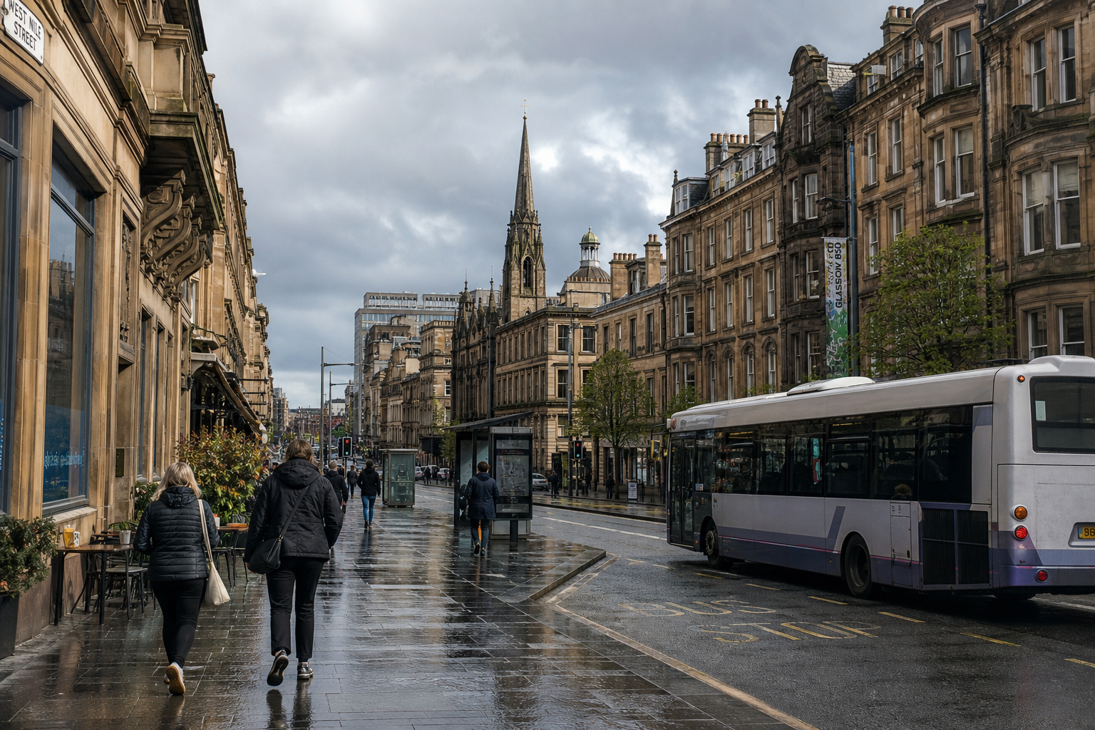 People walk along a wet city street with historic buildings and a bus in the foreground.